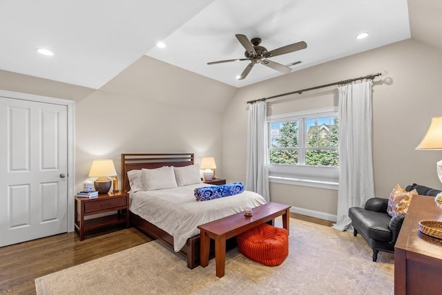 44 Sunset Ridge Ln Unit 44, Bolton, MA 01740 - bedroom with lofted ceiling, wood finished floors, recessed lighting, ceiling fan, and baseboards