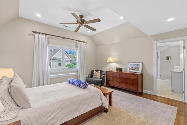 44 Sunset Ridge Ln Unit 44, Bolton, MA 01740 - bedroom with vaulted ceiling, wood finished floors, recessed lighting, a ceiling fan, and baseboards
