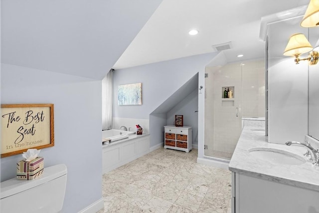 44 Sunset Ridge Ln Unit 44, Bolton, MA 01740 - bathroom with toilet, a shower stall, double vanity, a garden tub, and marble finish flooring