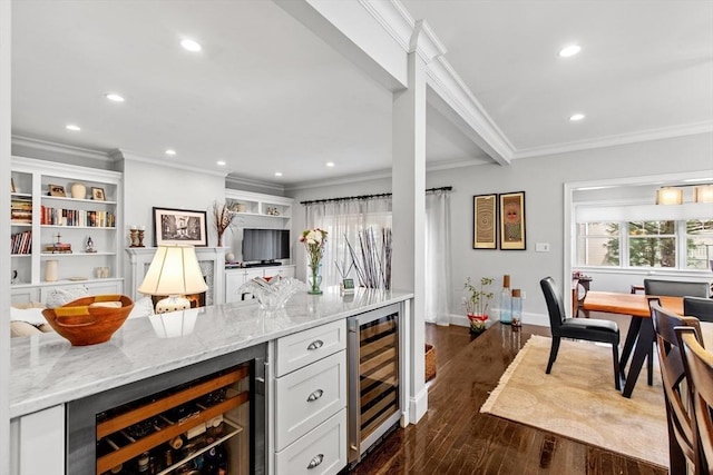 44 Sunset Ridge Ln Unit 44, Bolton, MA 01740 - indoor bar with wine cooler, recessed lighting, dark wood-style floors, crown molding, and baseboards