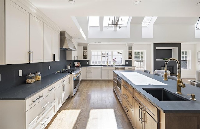 kitchen featuring a sink, stainless steel appliances, dark countertops, and custom range hood
