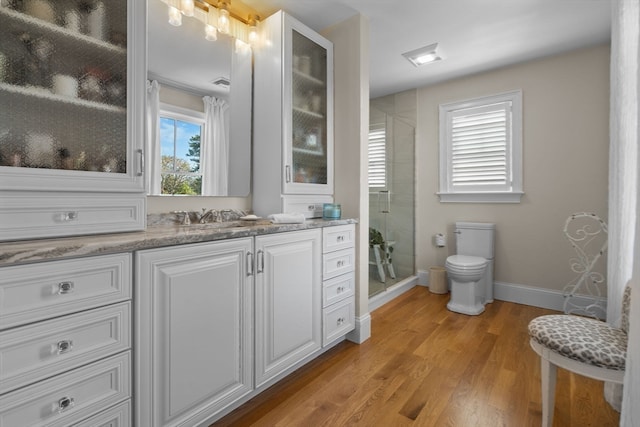 bathroom with vanity, toilet, walk in shower, and wood-type flooring