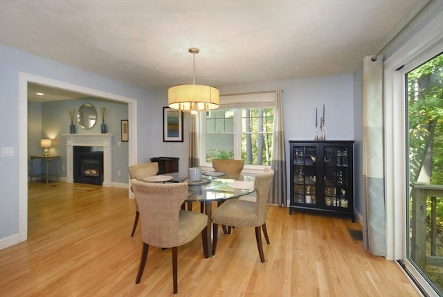 9 Pine Grove Rd, Westford, MA 01886 - dining space featuring baseboards, a lit fireplace, light wood-type flooring, and a wealth of natural light