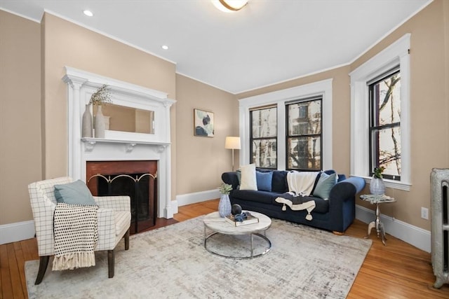 living room featuring crown molding and hardwood / wood-style floors