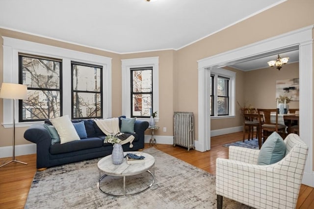 living room with light hardwood / wood-style floors, radiator, ornamental molding, and a notable chandelier