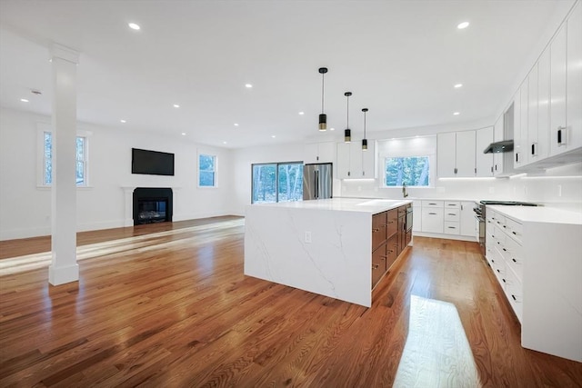 kitchen with stainless steel appliances, white cabinets, decorative light fixtures, a spacious island, and light wood-type flooring