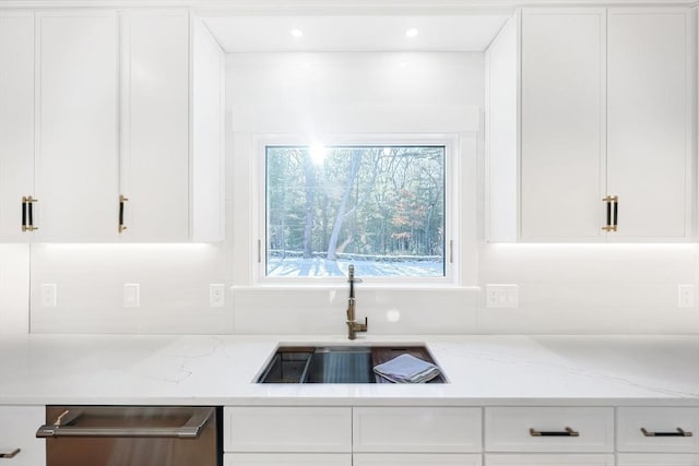 kitchen featuring white cabinetry, sink, light stone countertops, and stainless steel dishwasher