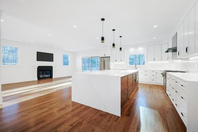 kitchen featuring decorative light fixtures, white cabinetry, a large island, and high quality appliances