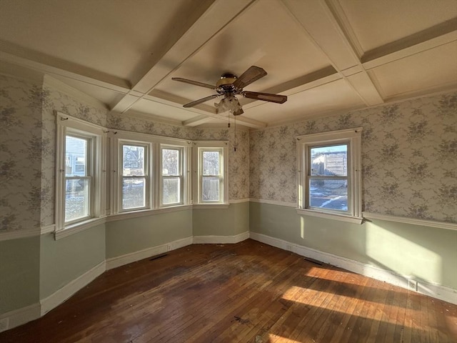 empty room with coffered ceiling, dark hardwood / wood-style flooring, and beamed ceiling