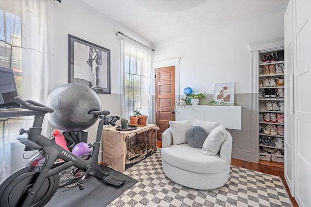 exercise room with ornamental molding and light wood-style flooring