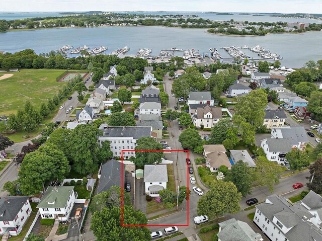 78/80 Curtis Ave, Quincy, MA 02169 - aerial perspective of suburban area featuring a large body of water and property parcel outlined