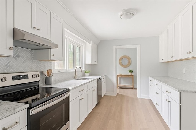 36 Grove St, Hanover, MA 02339 - kitchen with appliances with stainless steel finishes, under cabinet range hood, tasteful backsplash, light wood-style floors, and white cabinetry