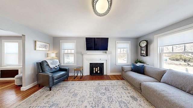 living room featuring a fireplace with flush hearth, radiator heating unit, baseboards, and wood finished floors