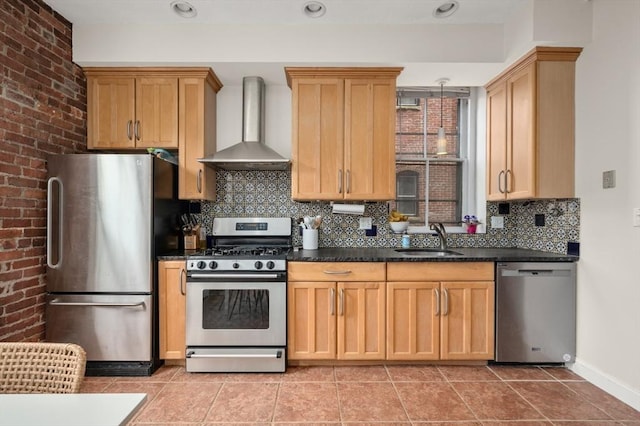 293-295 Commonwealth Ave Unit 3C, Boston, MA 02111 - kitchen with wall chimney exhaust hood, appliances with stainless steel finishes, a sink, dark countertops, and decorative backsplash