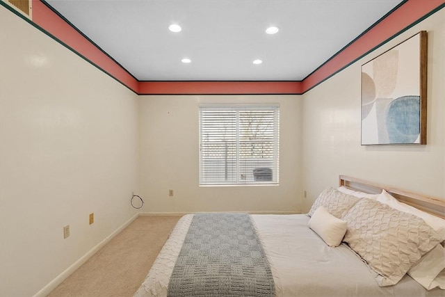 bedroom featuring recessed lighting, carpet flooring, and baseboards