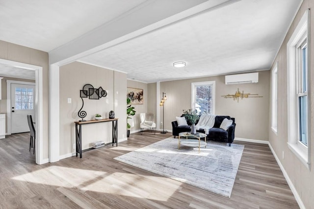 interior space featuring a wall mounted air conditioner, light hardwood / wood-style flooring, and a healthy amount of sunlight