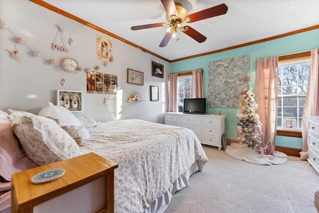 bedroom with a ceiling fan, crown molding, multiple windows, and light colored carpet