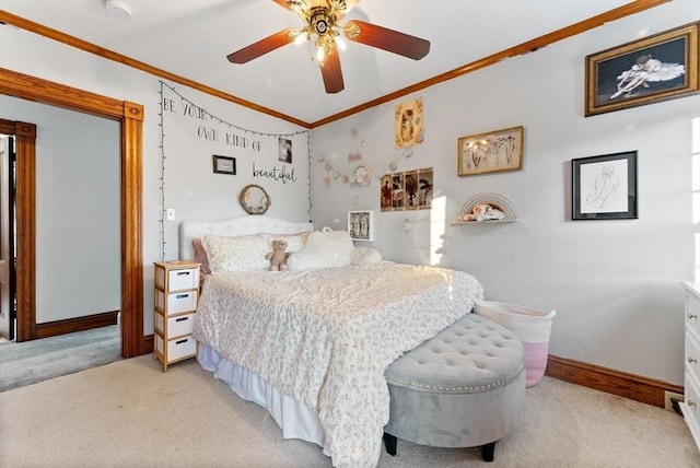 bedroom featuring light colored carpet, baseboards, and ornamental molding