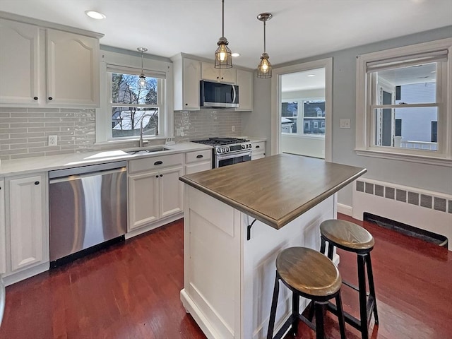 kitchen with a breakfast bar area, stainless steel appliances, radiator heating unit, dark wood-type flooring, and a sink