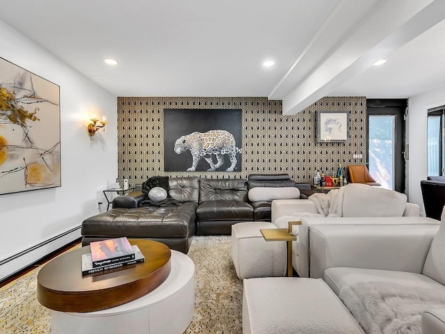 188 Atlantic St, Gloucester, MA 01930 - cinema featuring recessed lighting, an accent wall, a baseboard radiator, wallpapered walls, and beamed ceiling