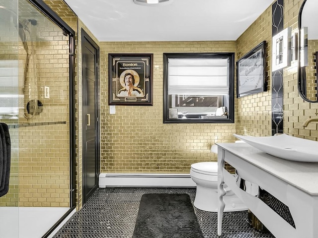 188 Atlantic St, Gloucester, MA 01930 - full bath featuring a baseboard heating unit, tile patterned flooring, a shower stall, and vanity
