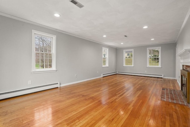 unfurnished living room with visible vents, crown molding, a fireplace, a baseboard radiator, and light wood finished floors
