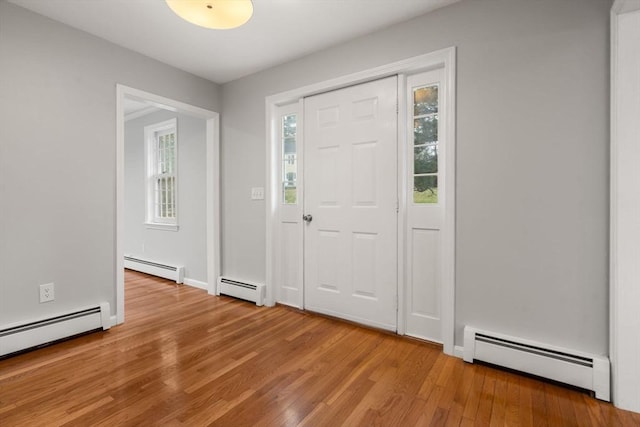entryway with baseboard heating and wood finished floors