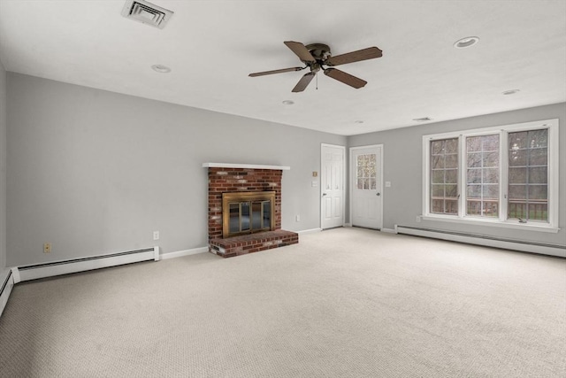 unfurnished living room featuring visible vents, a brick fireplace, ceiling fan, a baseboard heating unit, and carpet flooring