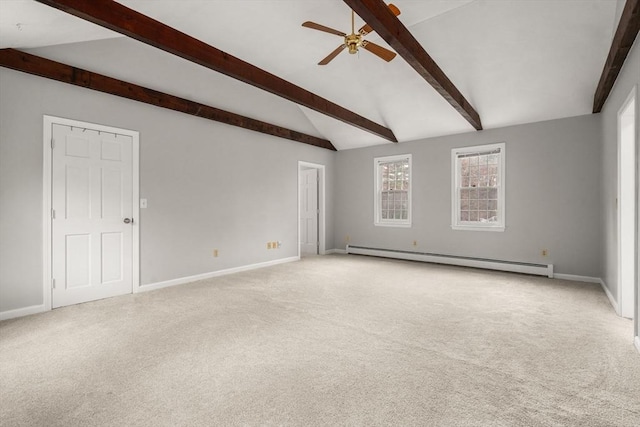 unfurnished room featuring baseboards, ceiling fan, vaulted ceiling with beams, a baseboard radiator, and carpet