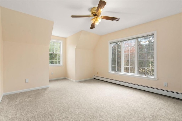 additional living space featuring plenty of natural light, carpet floors, baseboards, and a baseboard heating unit