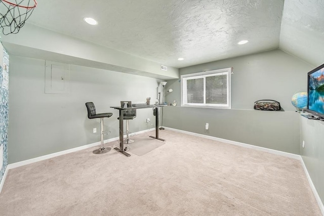 222 Algonquin Unit 222, Ashland, MA 01721 - workout room featuring carpet flooring, baseboards, a textured ceiling, recessed lighting, and lofted ceiling