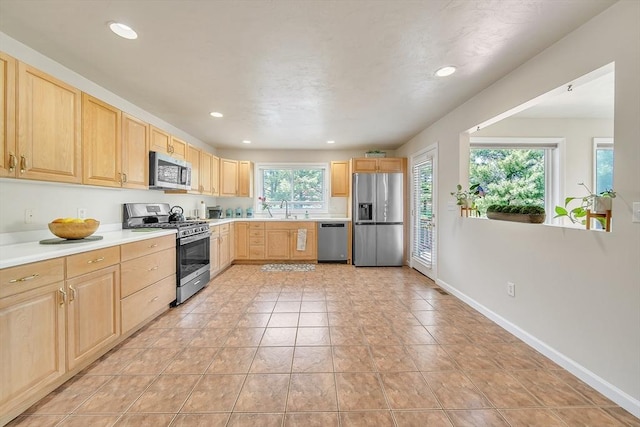 222 Algonquin Unit 222, Ashland, MA 01721 - kitchen featuring appliances with stainless steel finishes, light brown cabinetry, recessed lighting, light countertops, and baseboards