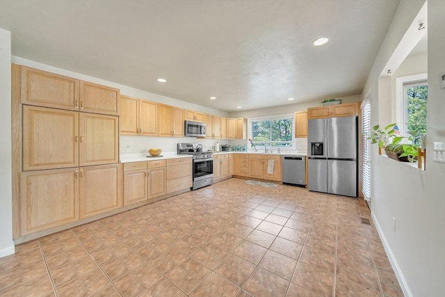 222 Algonquin Unit 222, Ashland, MA 01721 - kitchen featuring appliances with stainless steel finishes, light brown cabinets, a sink, recessed lighting, and baseboards