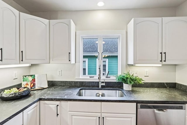 20 Lake St Unit 2, Somerville, MA 02143 - kitchen with stainless steel dishwasher, a sink, white cabinetry, and recessed lighting