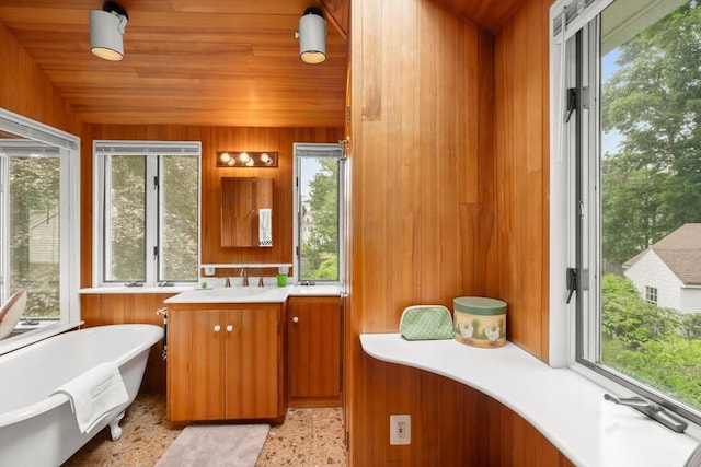 21 Marsh St, Dedham, MA 02026 - full bathroom with a freestanding tub, plenty of natural light, vanity, and wood walls