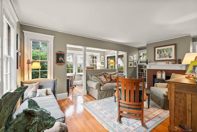 21 Marsh St, Dedham, MA 02026 - living room with ornamental molding, light wood-style floors, and ornate columns