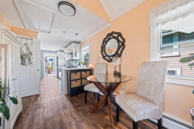 12 Moreland Ave Unit 1, Hull, MA 02045 - dining space with attic access, a baseboard radiator, dark wood-type flooring, and ornamental molding