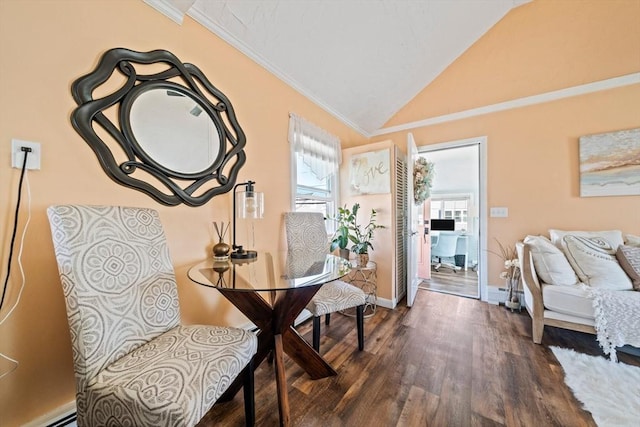 12 Moreland Ave Unit 1, Hull, MA 02045 - living area with baseboard heating, dark wood finished floors, vaulted ceiling, ornamental molding, and baseboards