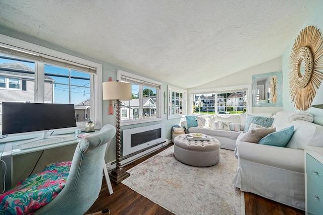 12 Moreland Ave Unit 1, Hull, MA 02045 - living area featuring lofted ceiling, dark wood finished floors, a textured ceiling, and a fireplace