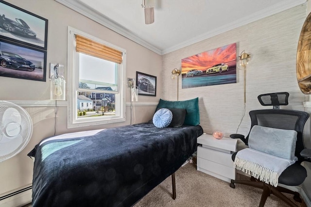 12 Moreland Ave Unit 1, Hull, MA 02045 - bedroom with a baseboard heating unit, carpet floors, crown molding, and ceiling fan