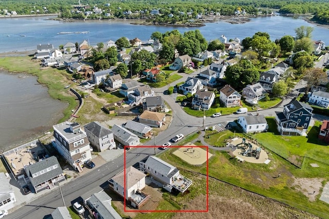 12 Moreland Ave Unit 1, Hull, MA 02045 - aerial view of residential area with a nearby body of water and property parcel outlined