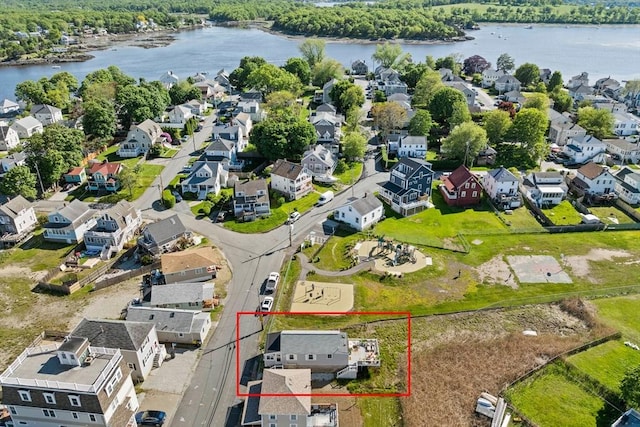 12 Moreland Ave Unit 1, Hull, MA 02045 - aerial view of residential area featuring a large body of water and property boundaries highlighted