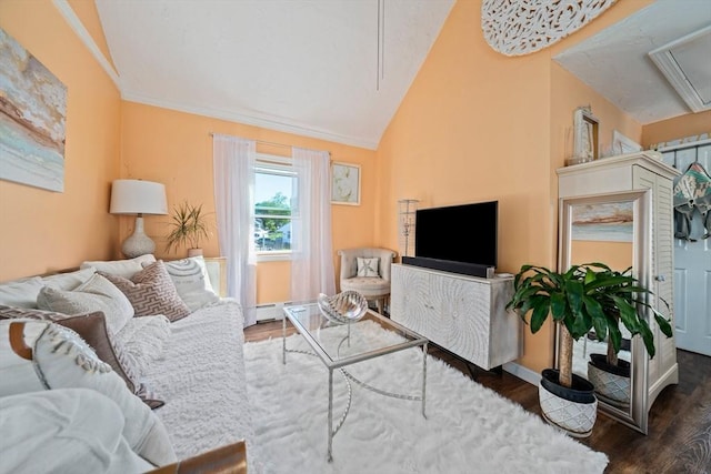 12 Moreland Ave Unit 1, Hull, MA 02045 - living area featuring attic access, wood finished floors, and vaulted ceiling