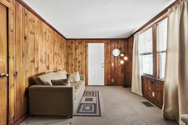 living area featuring wooden walls and carpet floors