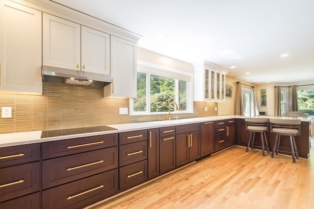 113 Sparrow Rd, Stoughton, MA 02072 - kitchen with black electric stovetop, under cabinet range hood, white cabinets, light countertops, and recessed lighting