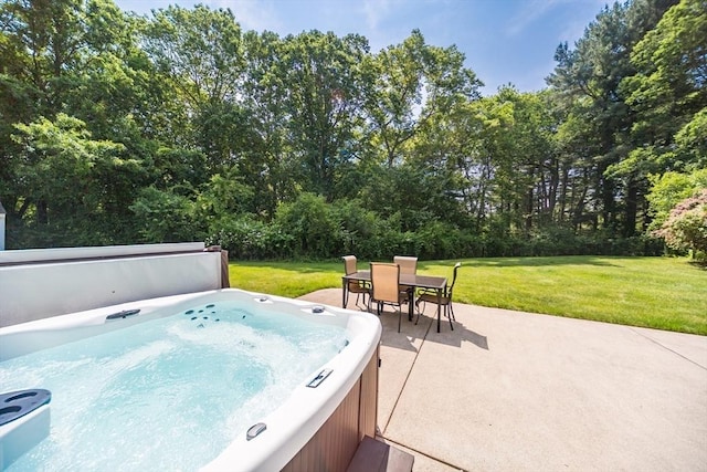113 Sparrow Rd, Stoughton, MA 02072 - view of patio / terrace featuring a hot tub, outdoor dining area, and view of wooded area