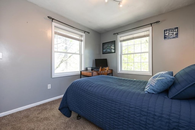 carpeted bedroom with baseboards and multiple windows