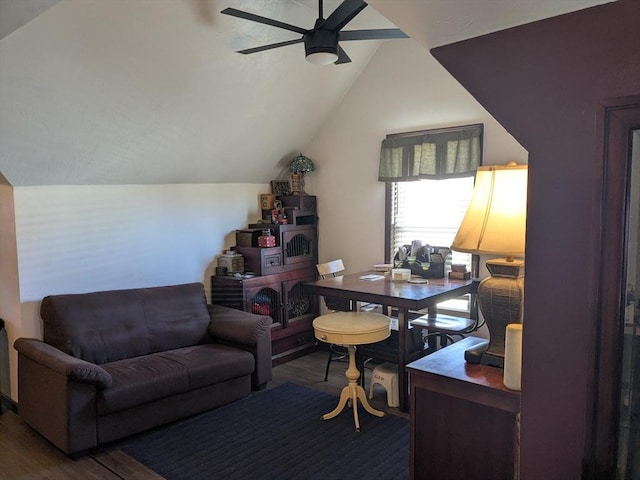 office with lofted ceiling, wood finished floors, and a ceiling fan