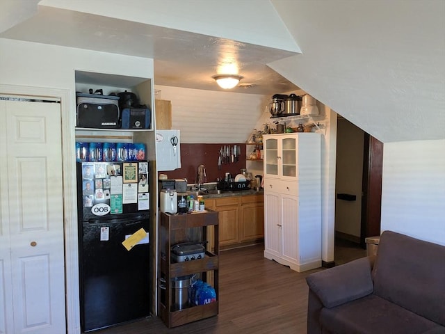 kitchen featuring lofted ceiling, dark wood-style flooring, a sink, freestanding refrigerator, and dark countertops