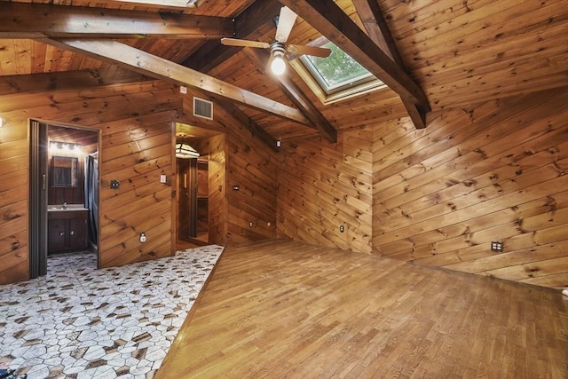 210 Plain Dr, Stoughton, MA 02072 - empty room featuring a skylight, wood finished floors, ceiling fan, wooden walls, and wood ceiling